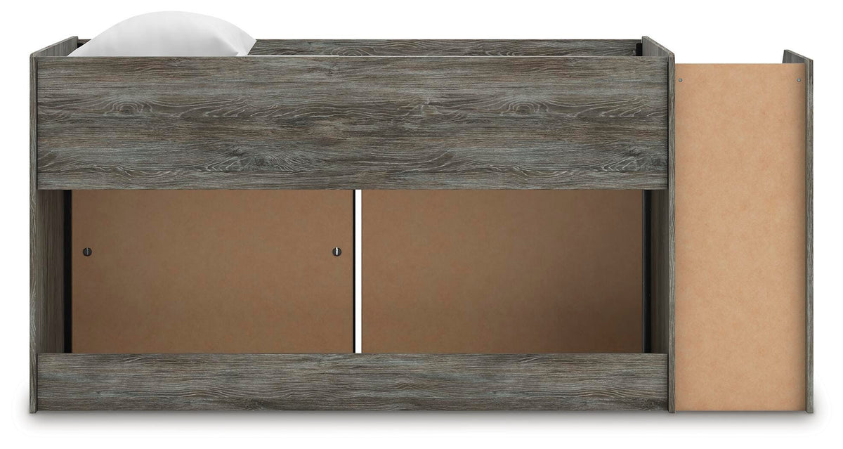 Frandern Twin Loft  Bed with Bookcase and Drawer Storage in Gray, back view