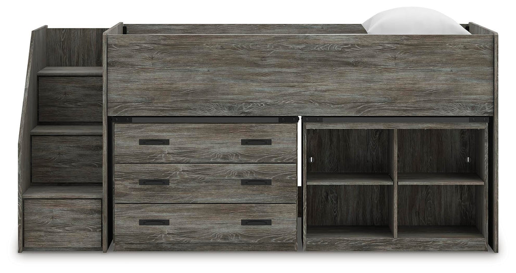 Frandern Twin Loft  Bed with Bookcase and Drawer Storage in Gray, front view