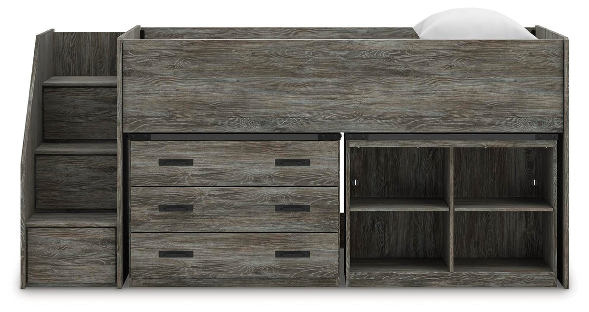 Frandern Twin Loft  Bed with Bookcase and Drawer Storage in Gray, front view