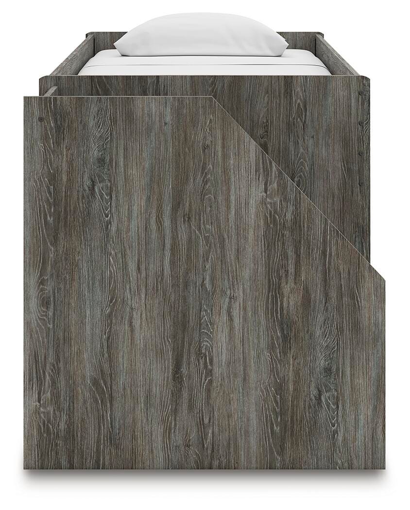 Frandern Twin Loft  Bed with Bookcase and Drawer Storage in Gray, side view