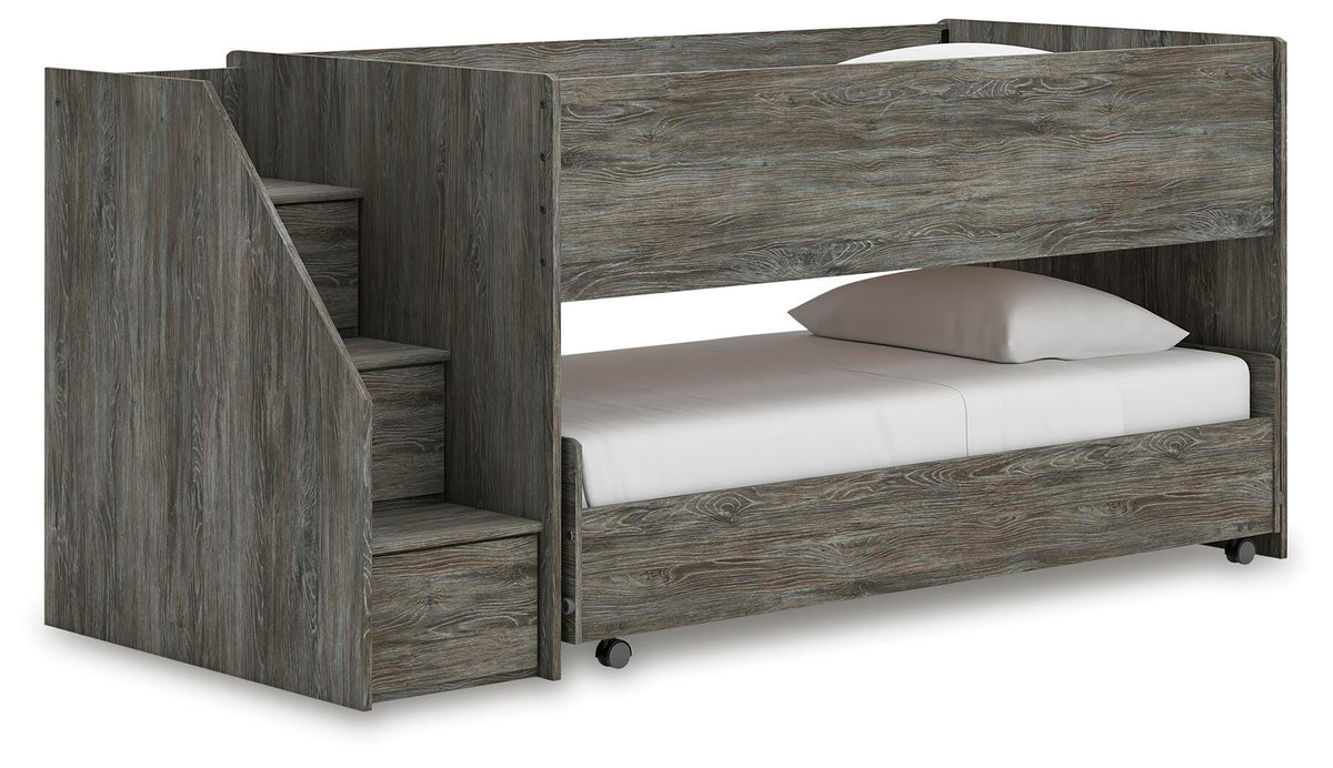 Frandern Twin over Twin Loft Bed in Gray, angle view