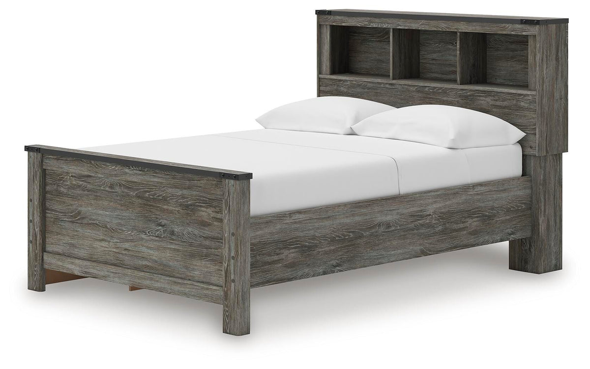 Frandern Full Bookcase Panel Bed with Storage in Gray, angle view