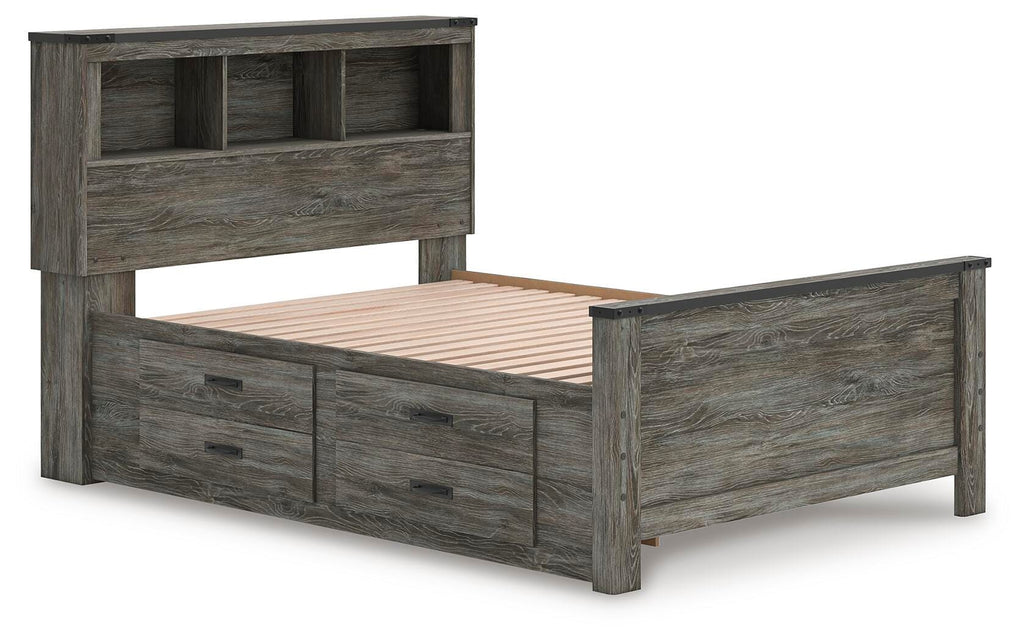 Frandern Full Bookcase Panel Bed with Storage in Gray, angle view