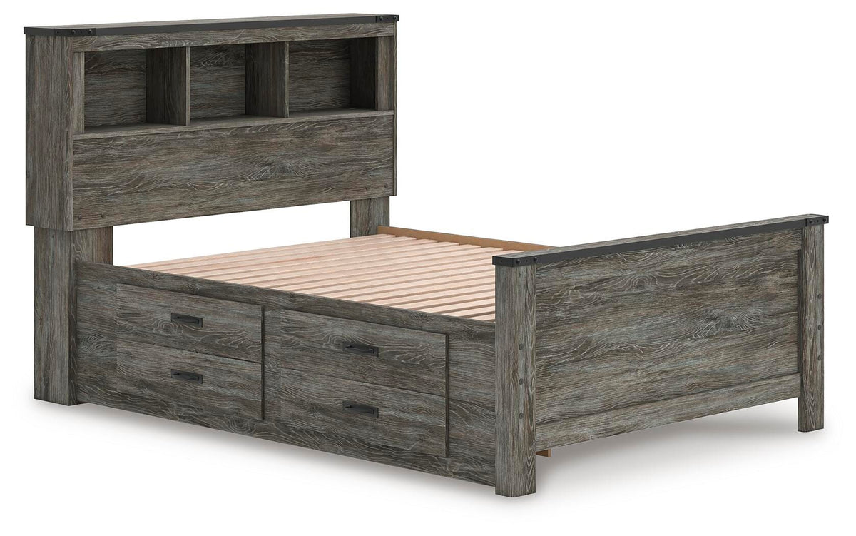 Frandern Full Bookcase Panel Bed with Storage in Gray, angle view