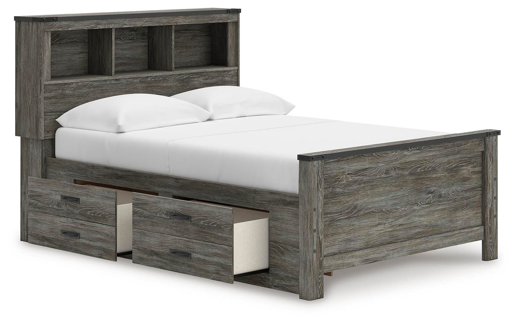 Frandern Full Bookcase Panel Bed with Storage in Gray, open view