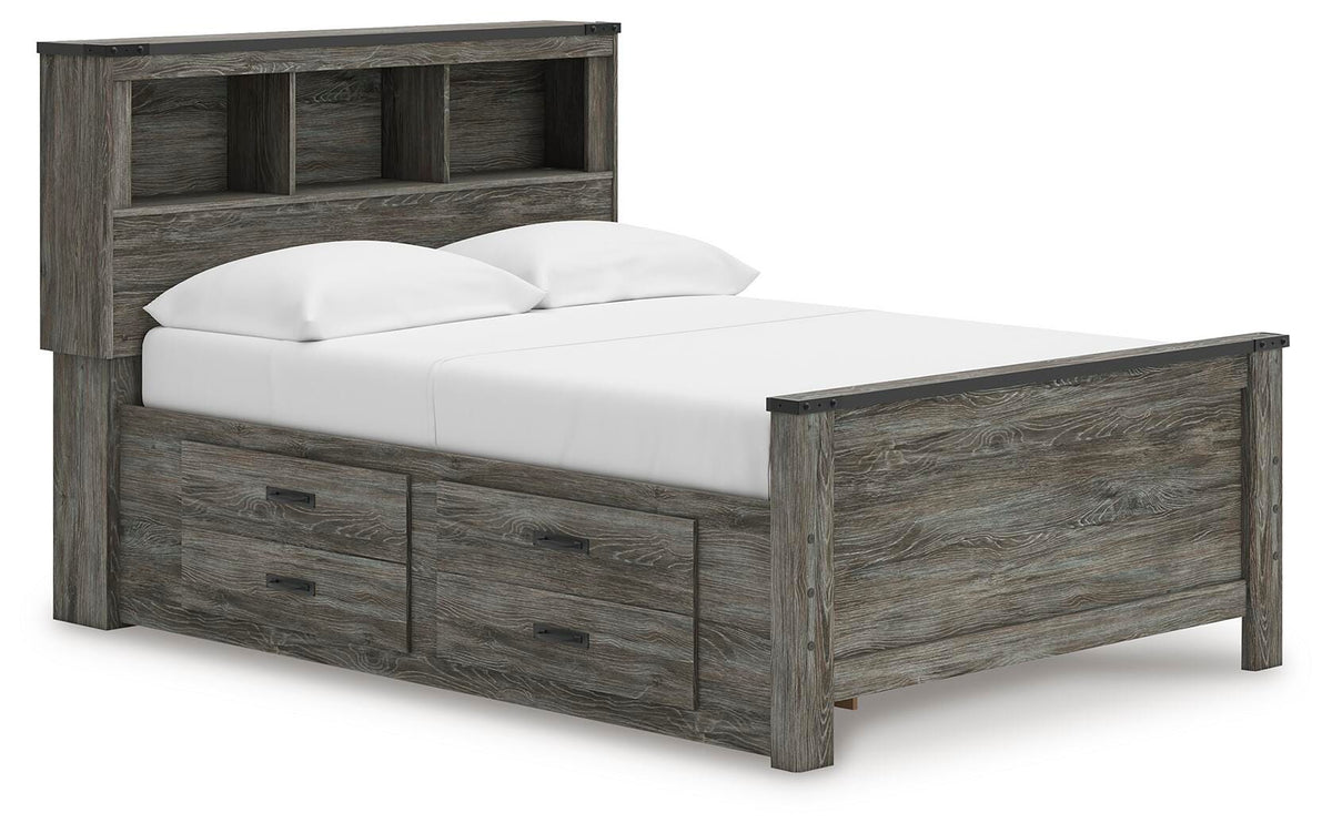 Frandern Full Bookcase Panel Bed with Storage in Gray, angle view