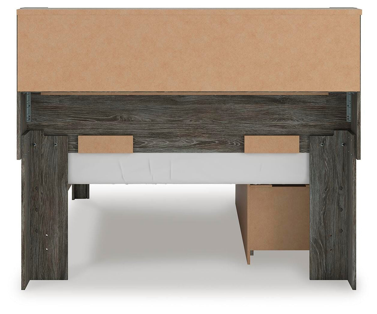 Frandern Full Bookcase Panel Bed with Storage in Gray, back view