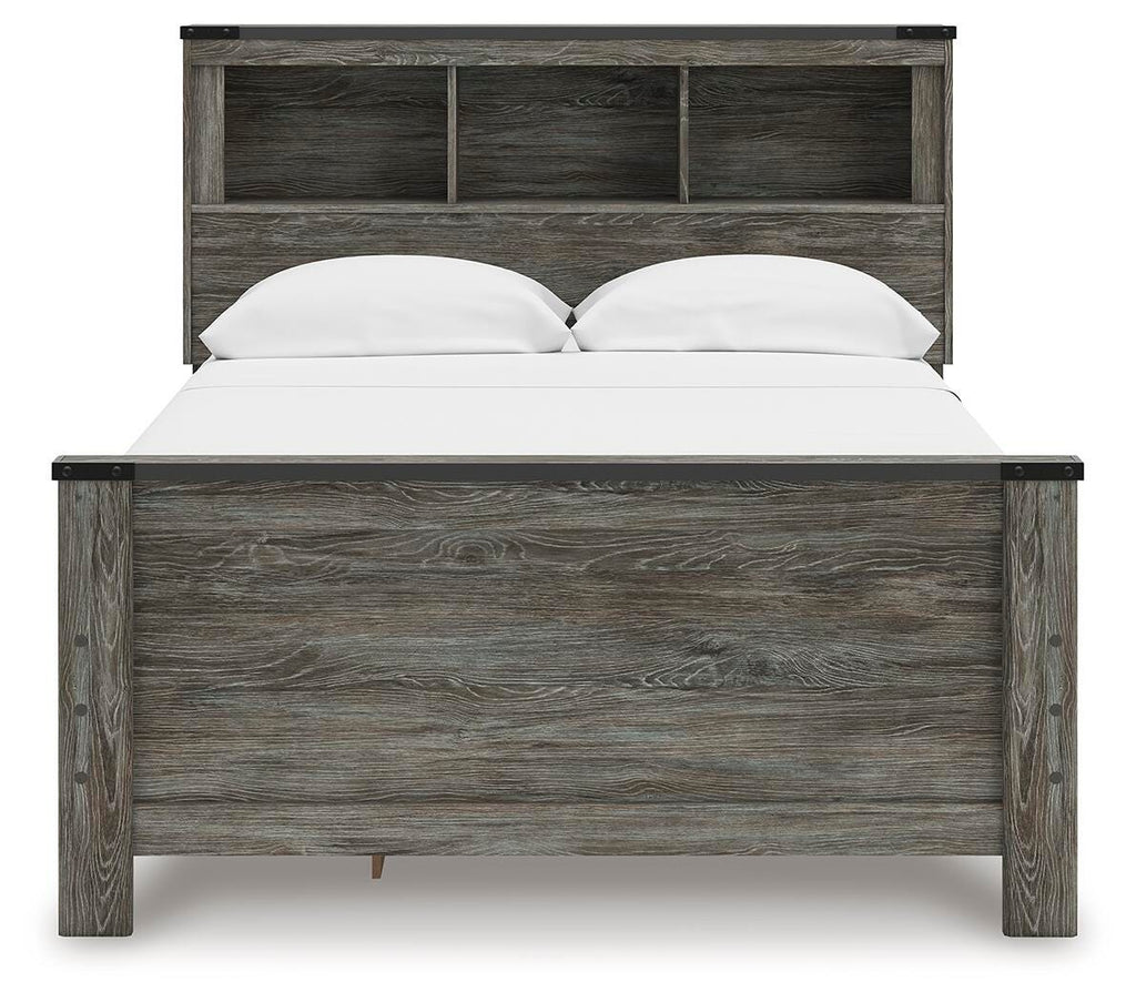 Frandern Full Bookcase Panel Bed with Storage in Gray, front view
