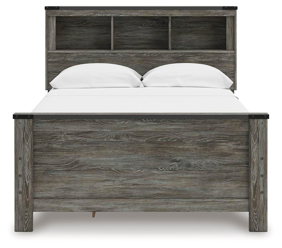 Frandern Full Bookcase Panel Bed with Storage in Gray, front view