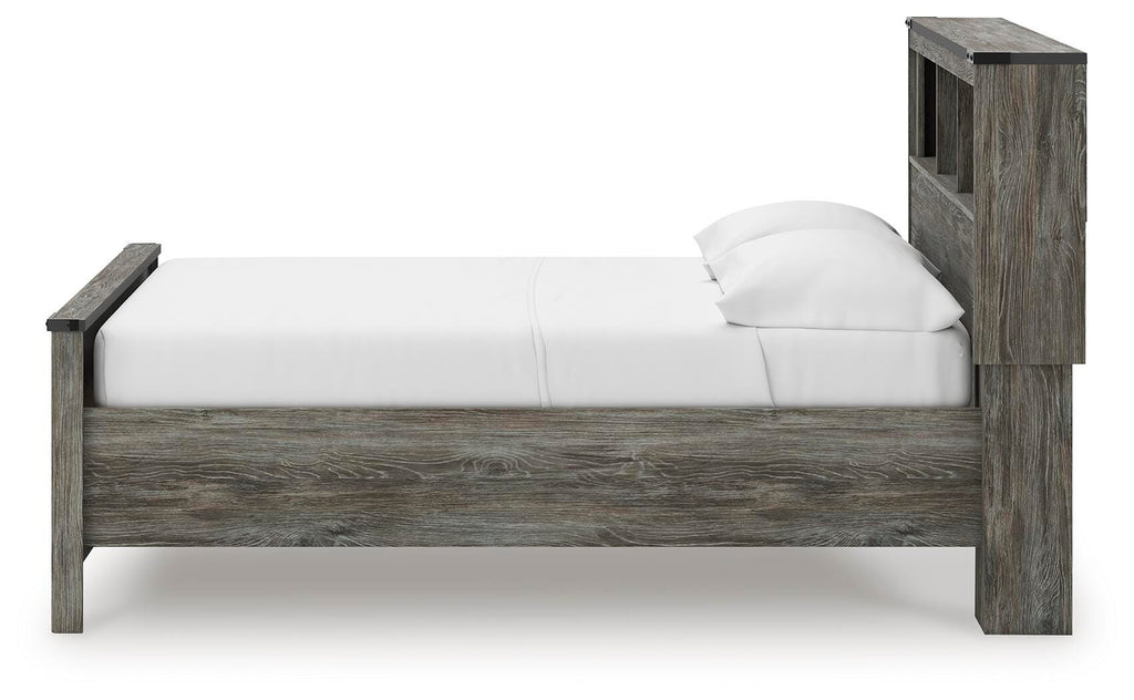 Frandern Full Bookcase Panel Bed with Storage in Gray, alternate side view