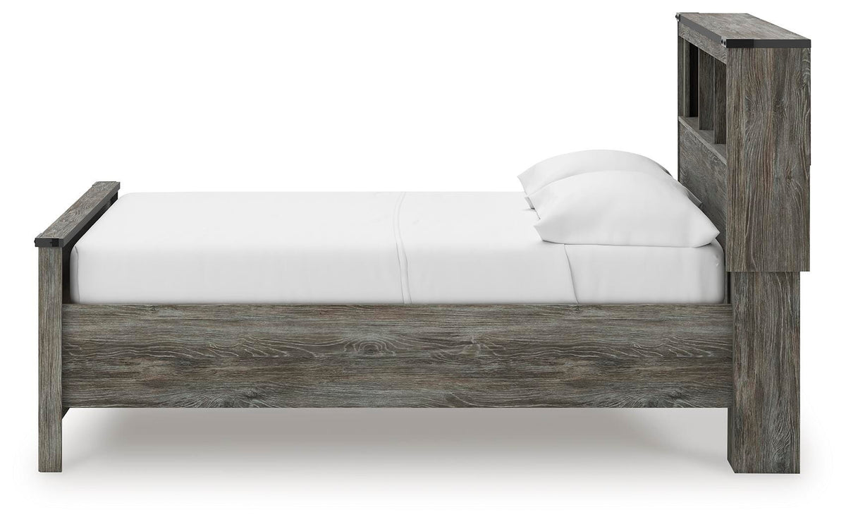 Frandern Full Bookcase Panel Bed with Storage in Gray, alternate side view