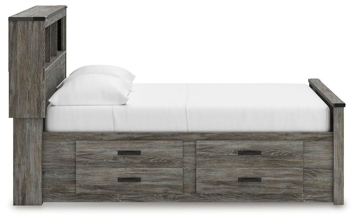 Frandern Full Bookcase Panel Bed with Storage in Gray, side view