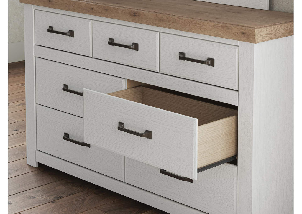 Savonport King Panel Storage Bed. Dresser, Mirror and Nightstand detail