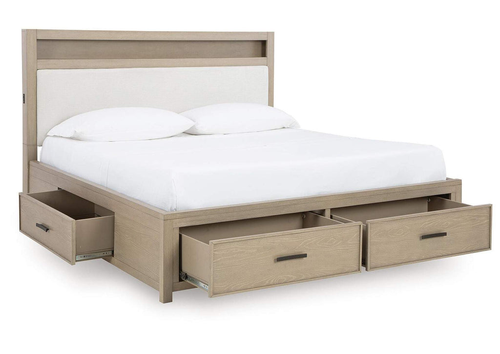 Calmoro Queen Bookcase Bed with Mirrored Dresser and 2 Nightstands angled view