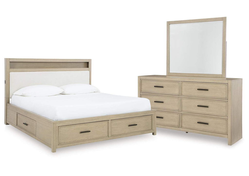 Calmoro California King Bookcase Bed with Mirrored Dresser