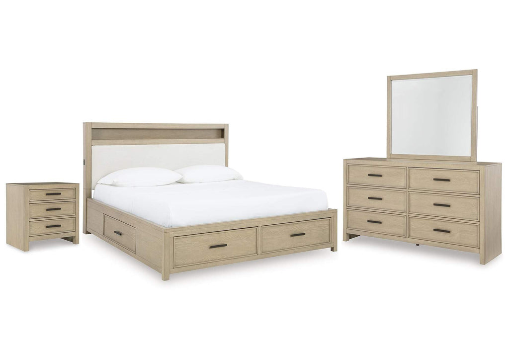 Calmoro Queen Bookcase Bed with Mirrored Dresser and Nightstand