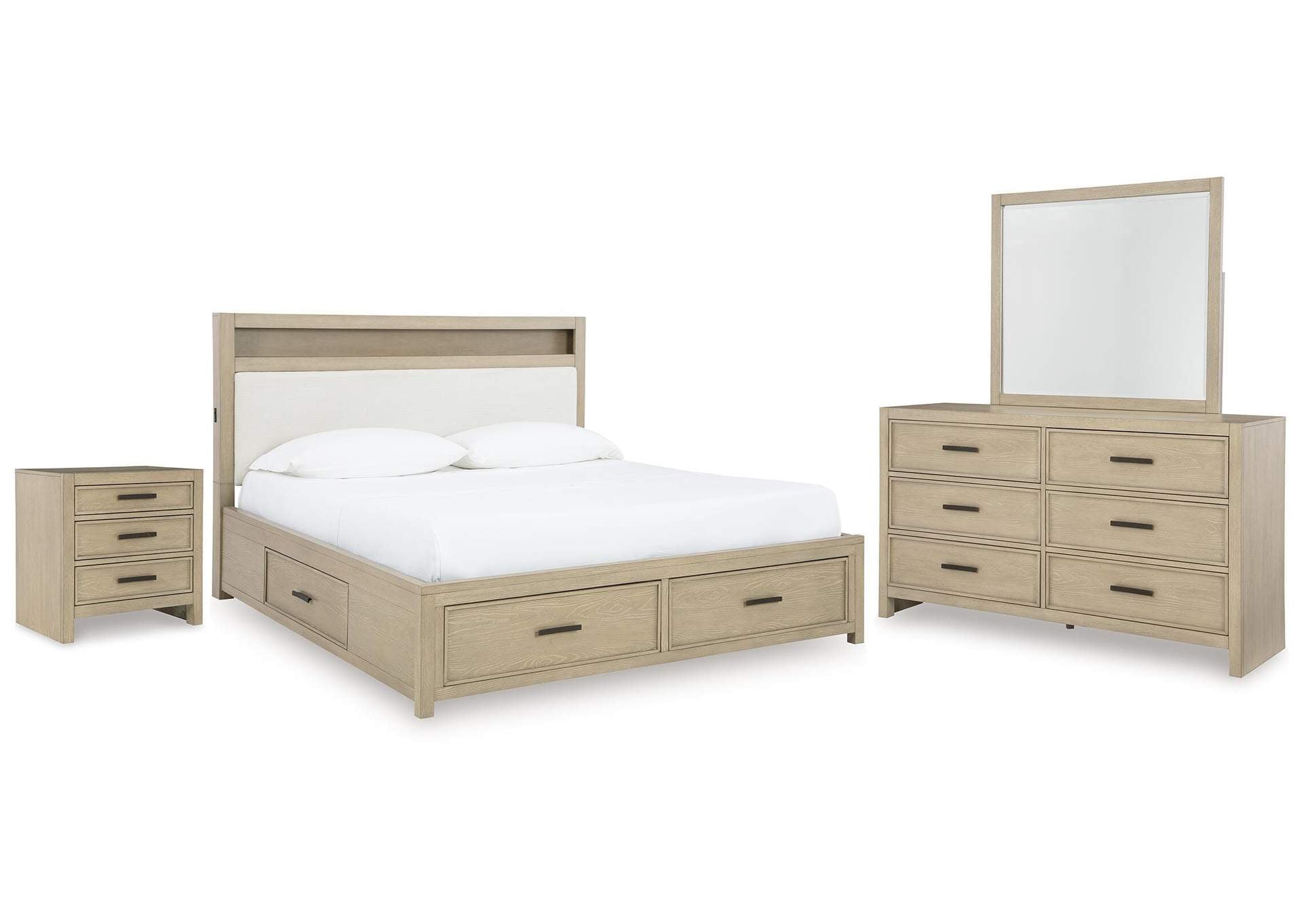 Calmoro Queen Bookcase Bed with Mirrored Dresser and Nightstand