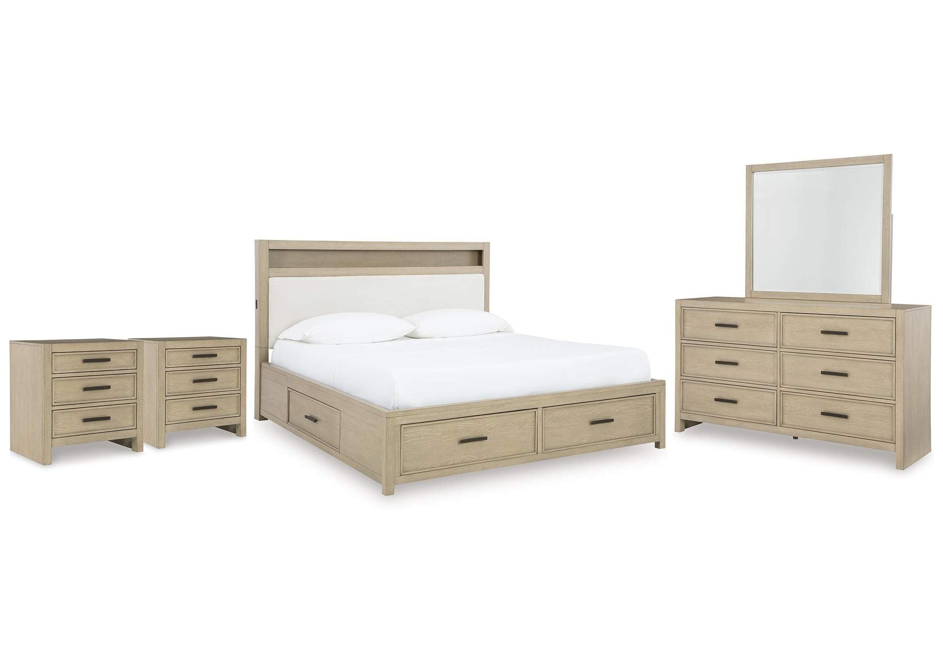 Calmoro Queen Bookcase Bed with Mirrored Dresser and 2 Nightstands