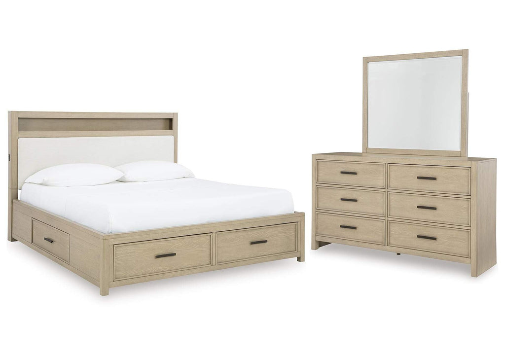 Calmoro King Bookcase Bed with Mirrored Dresser