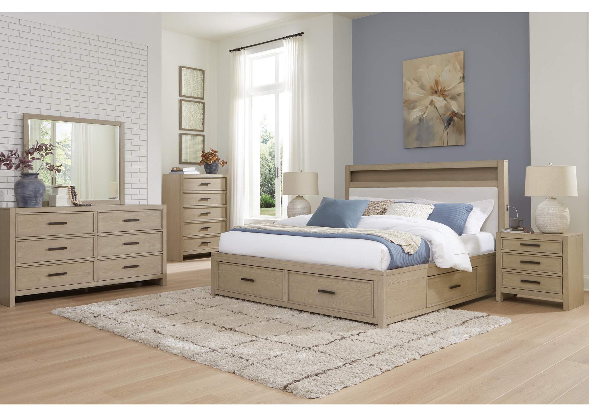 Calmoro Queen Bookcase Bed with Mirrored Dresser, Chest and 2 Nightstands