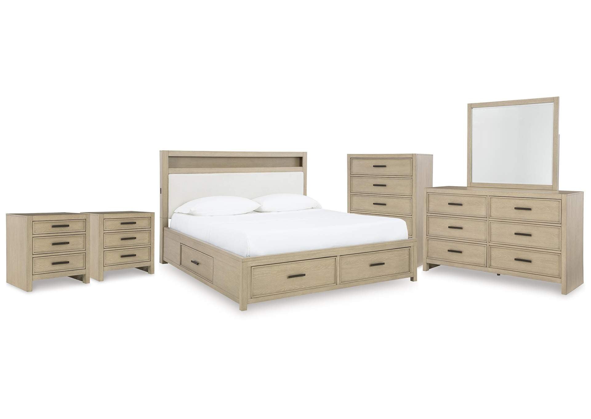 Calmoro Queen Bookcase Bed with Mirrored Dresser, Chest and 2 Nightstands