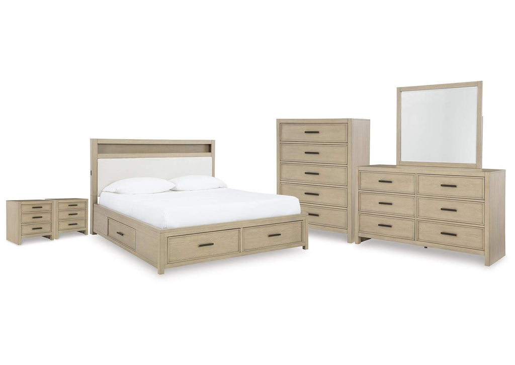 Calmoro King Bookcase Bed with Mirrored Dresser, Chest and 2 Nightstands