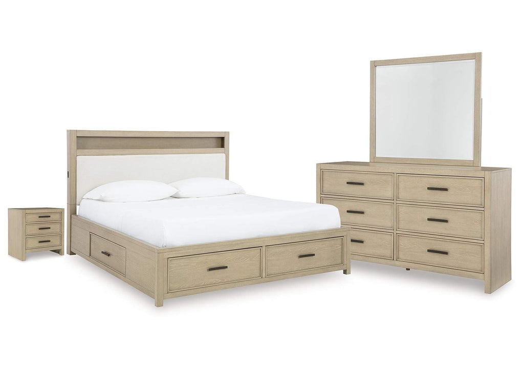 Calmoro California King Bookcase Bed with Mirrored Dresser and Nightstand