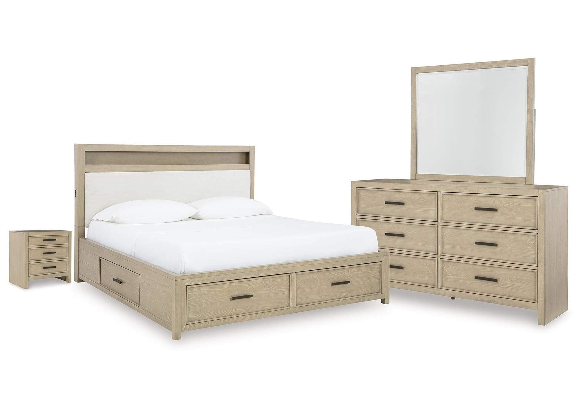 Calmoro King Bookcase Bed with Mirrored Dresser and Nightstand