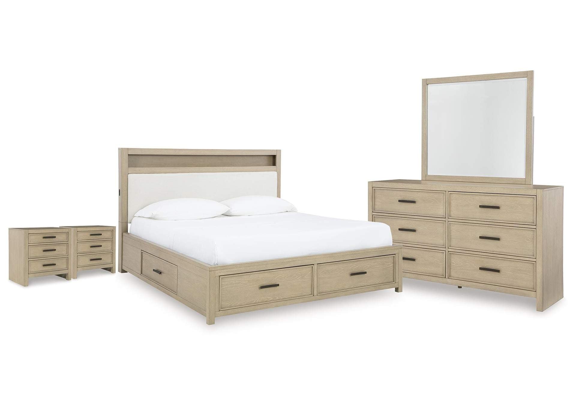 Calmoro California King Bookcase Bed with Mirrored Dresser and 2 Nightstands
