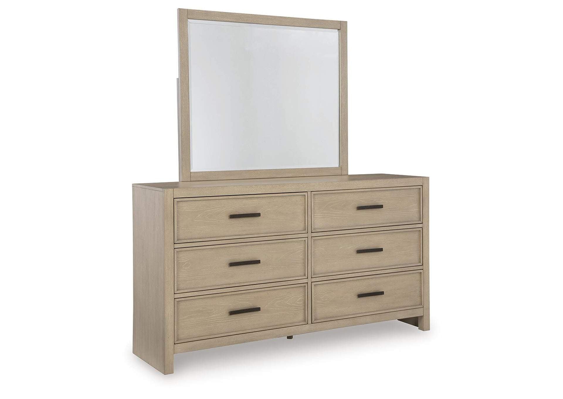 Calmoro Queen Bookcase Bed with Mirrored Dresser and Nightstand angled view