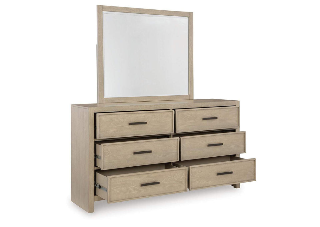 Calmoro Queen Bookcase Bed with Mirrored Dresser and 2 Nightstands angled view