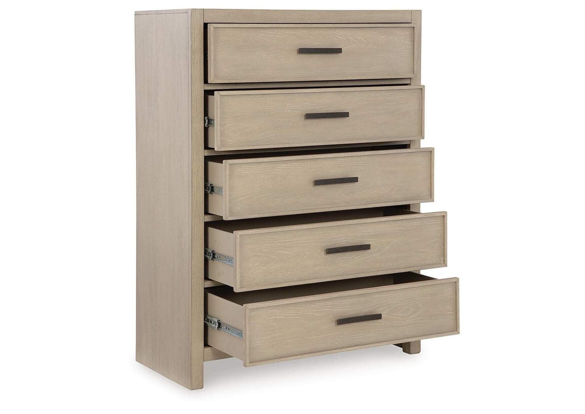 Calmoro Queen Bookcase Bed with Mirrored Dresser, Chest and 2 Nightstands angled view