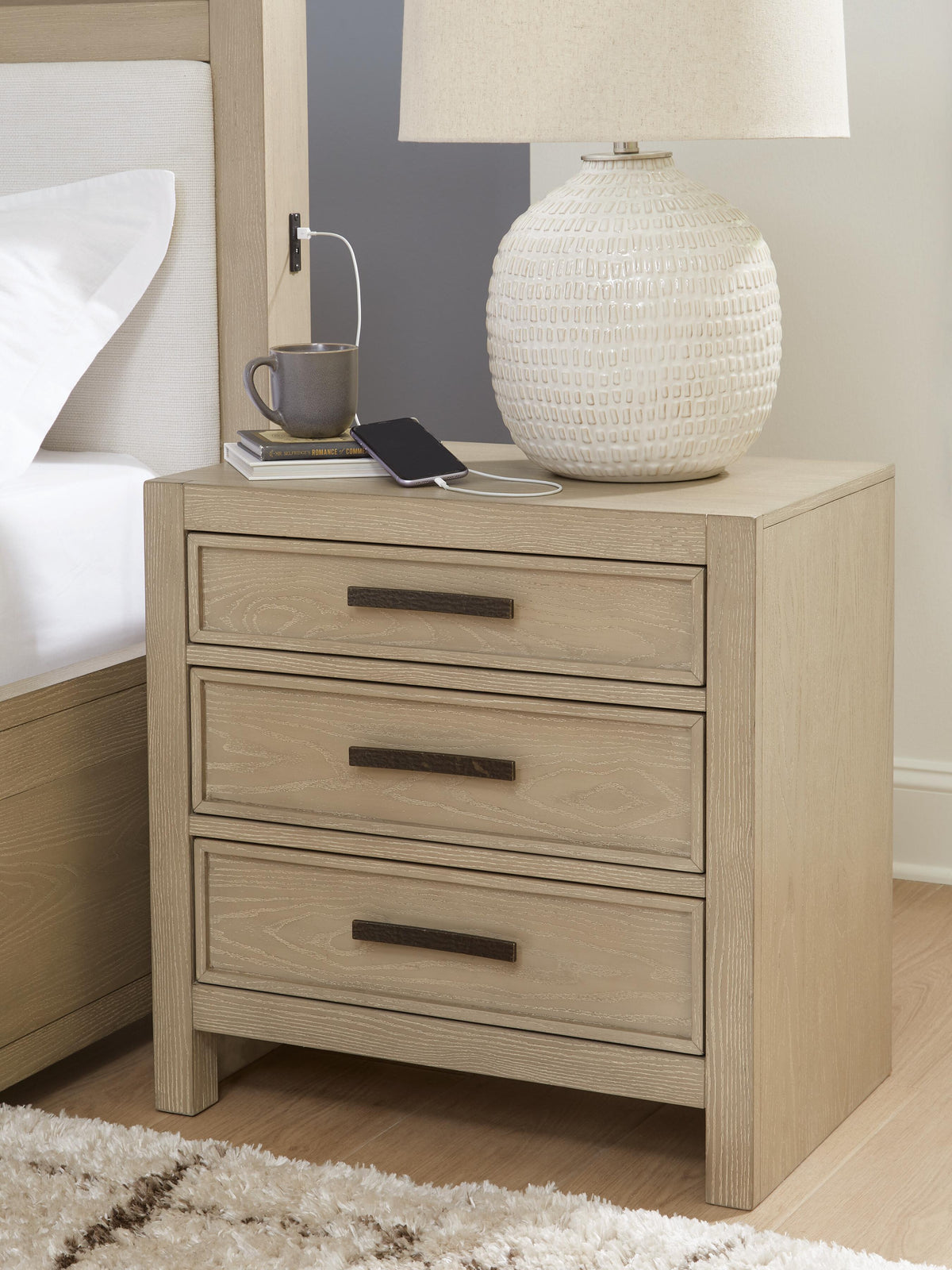 Calmoro Nightstand in Gray, lifestyle view