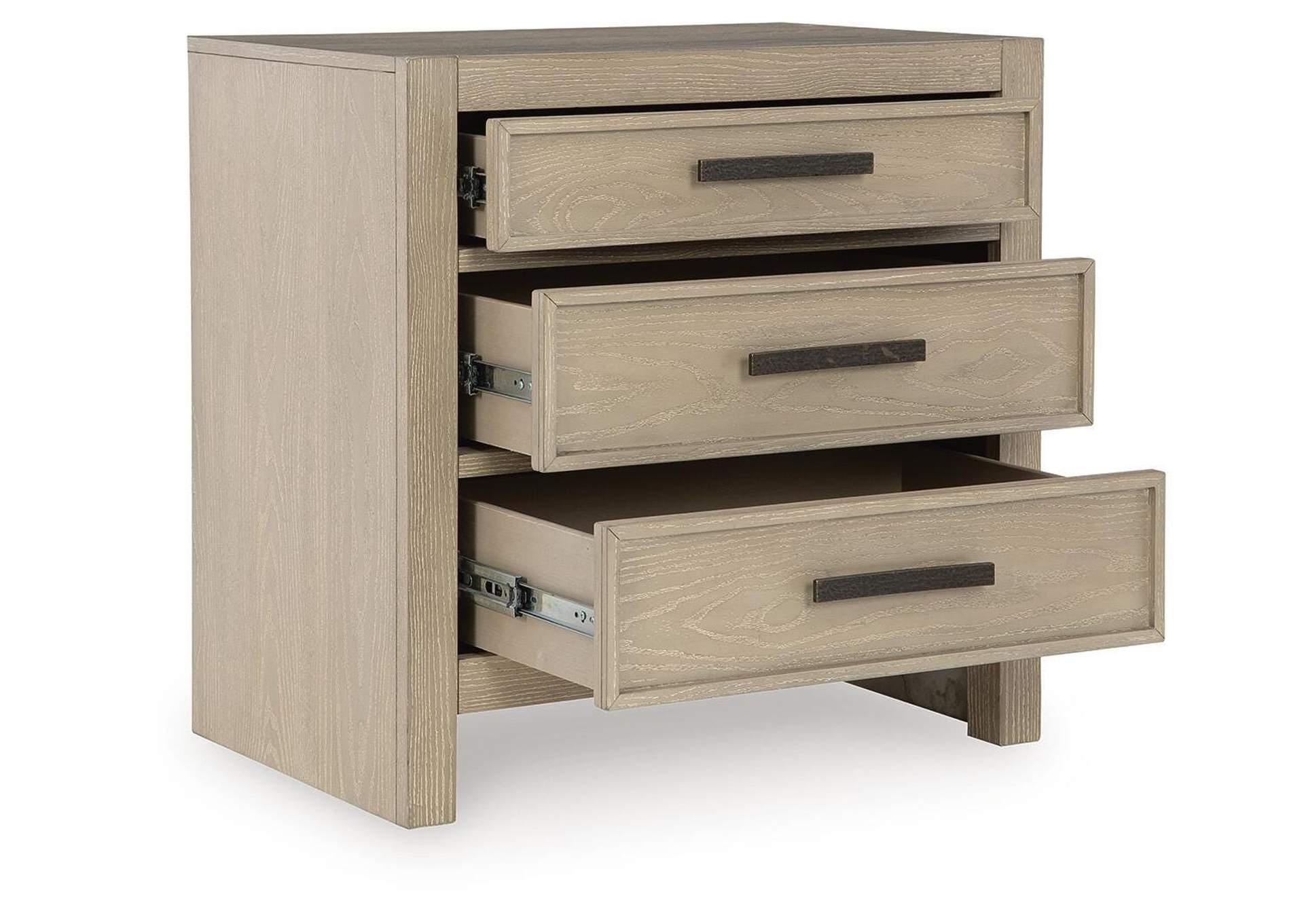 Calmoro Queen Bookcase Bed with Mirrored Dresser and 2 Nightstands angled view