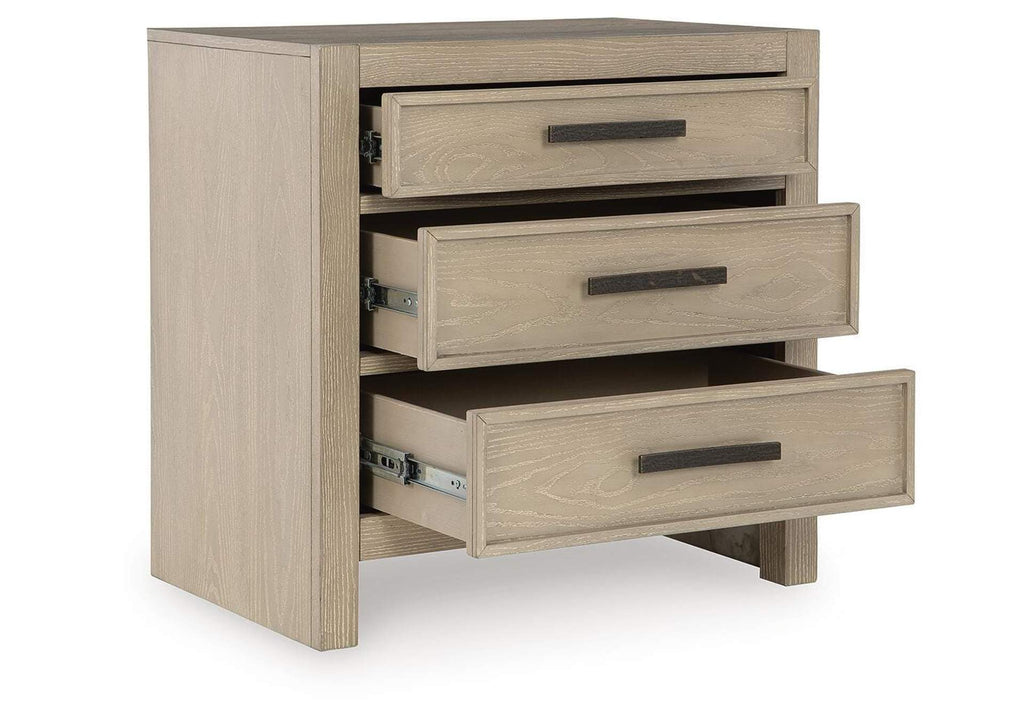 Calmoro King Bookcase Bed with Mirrored Dresser and Nightstand angled view