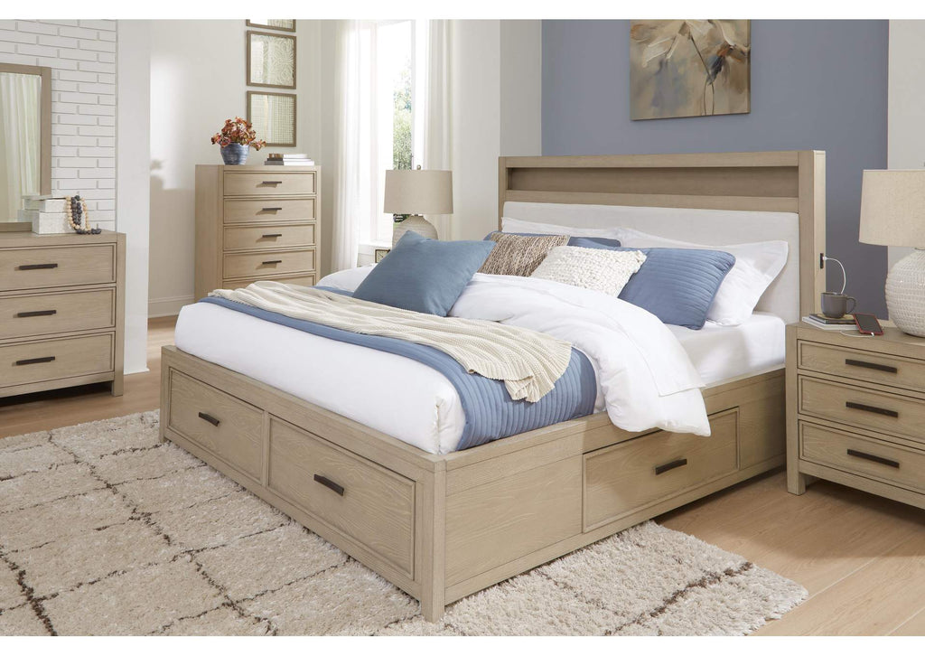 Calmoro Queen Bookcase Bed with Mirrored Dresser, Chest and 2 Nightstands