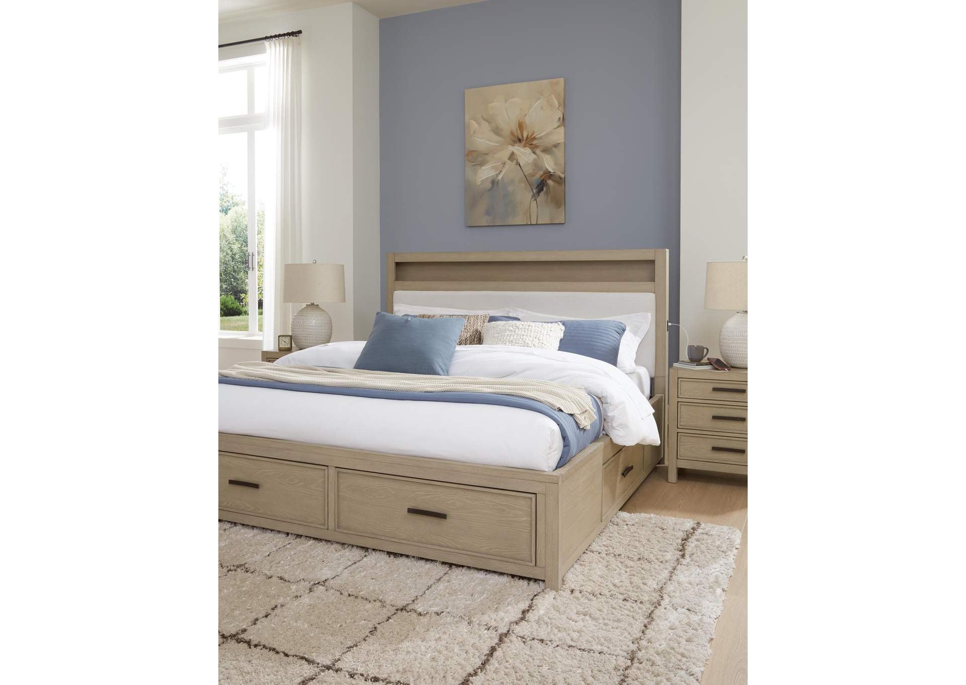 Calmoro Queen Bookcase Bed with Mirrored Dresser and 2 Nightstands