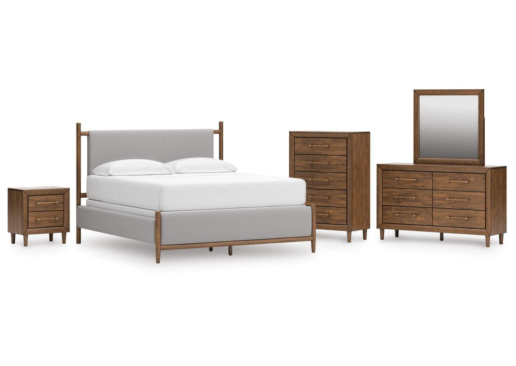 Lyncott Queen Upholstered Panel Bed, Dresser, Mirror, Chest and Nightstand