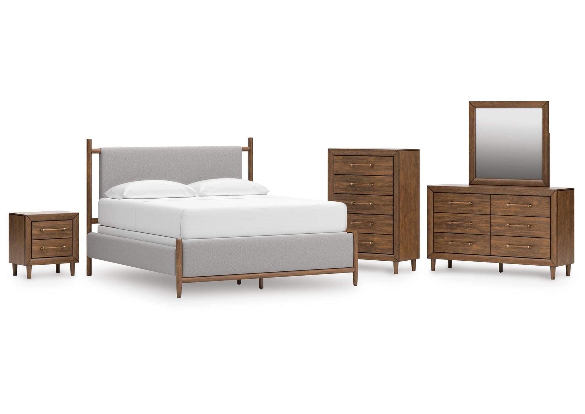 Lyncott Queen Upholstered Panel Bed, Dresser, Mirror, Chest and Nightstand