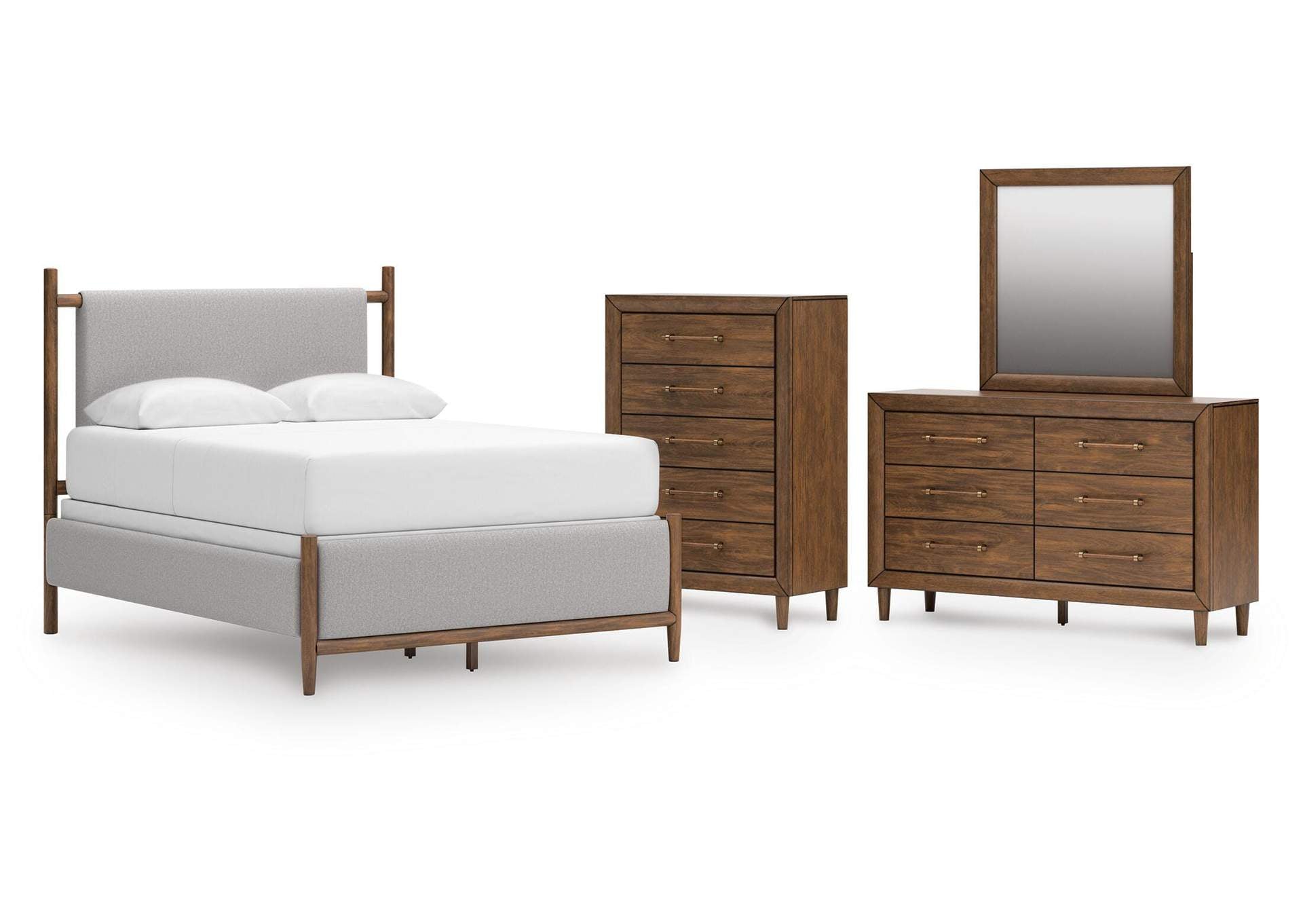 Lyncott Queen Upholstered Panel Bed, Dresser, Mirror and Chest