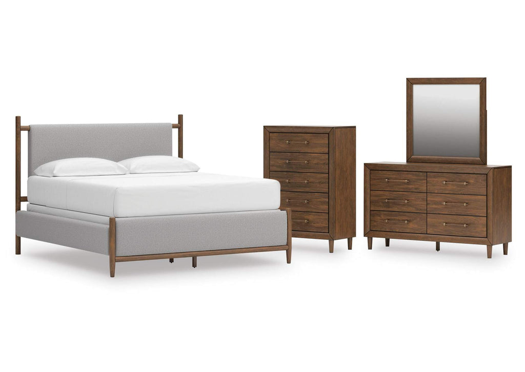 Lyncott California King Upholstered Bed, Dresser, Mirror and Chest