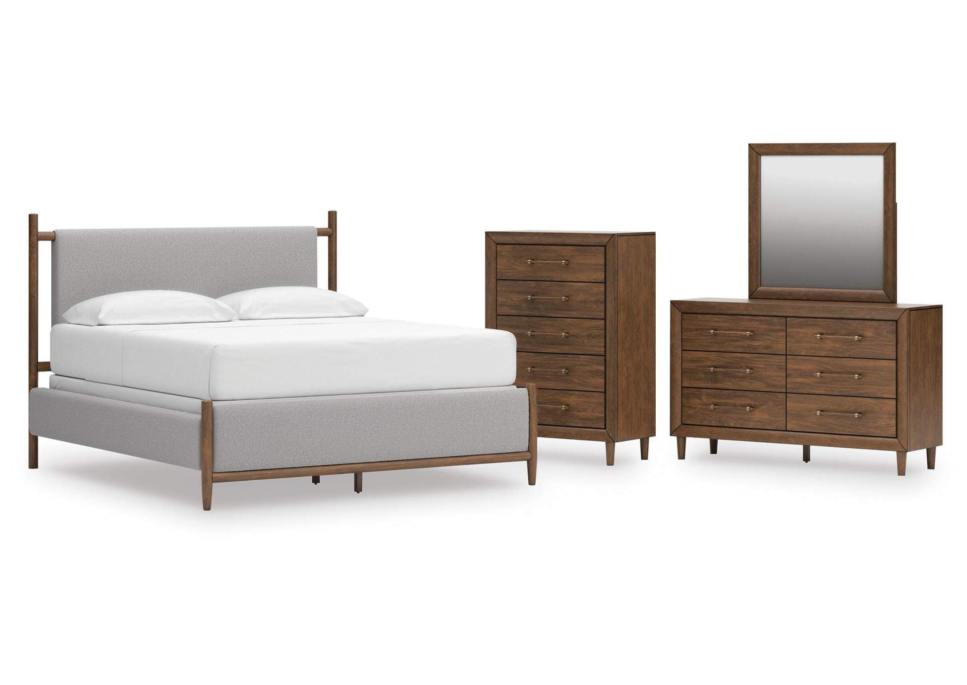 Lyncott California King Upholstered Bed, Dresser, Mirror and Chest