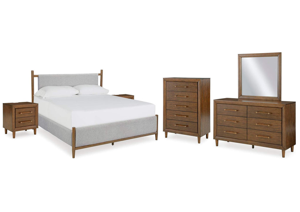 Lyncott Queen Upholstered Bed with Mirrored Dresser, Chest and 2 Nightstands