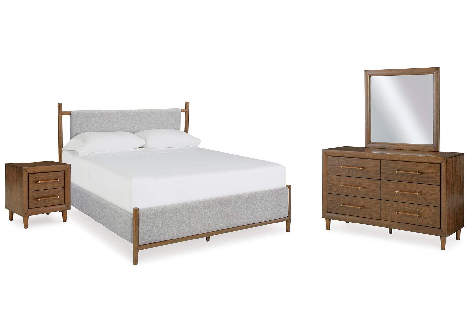 Lyncott Queen Upholstered Bed, Dresser, Mirror and Nightstand