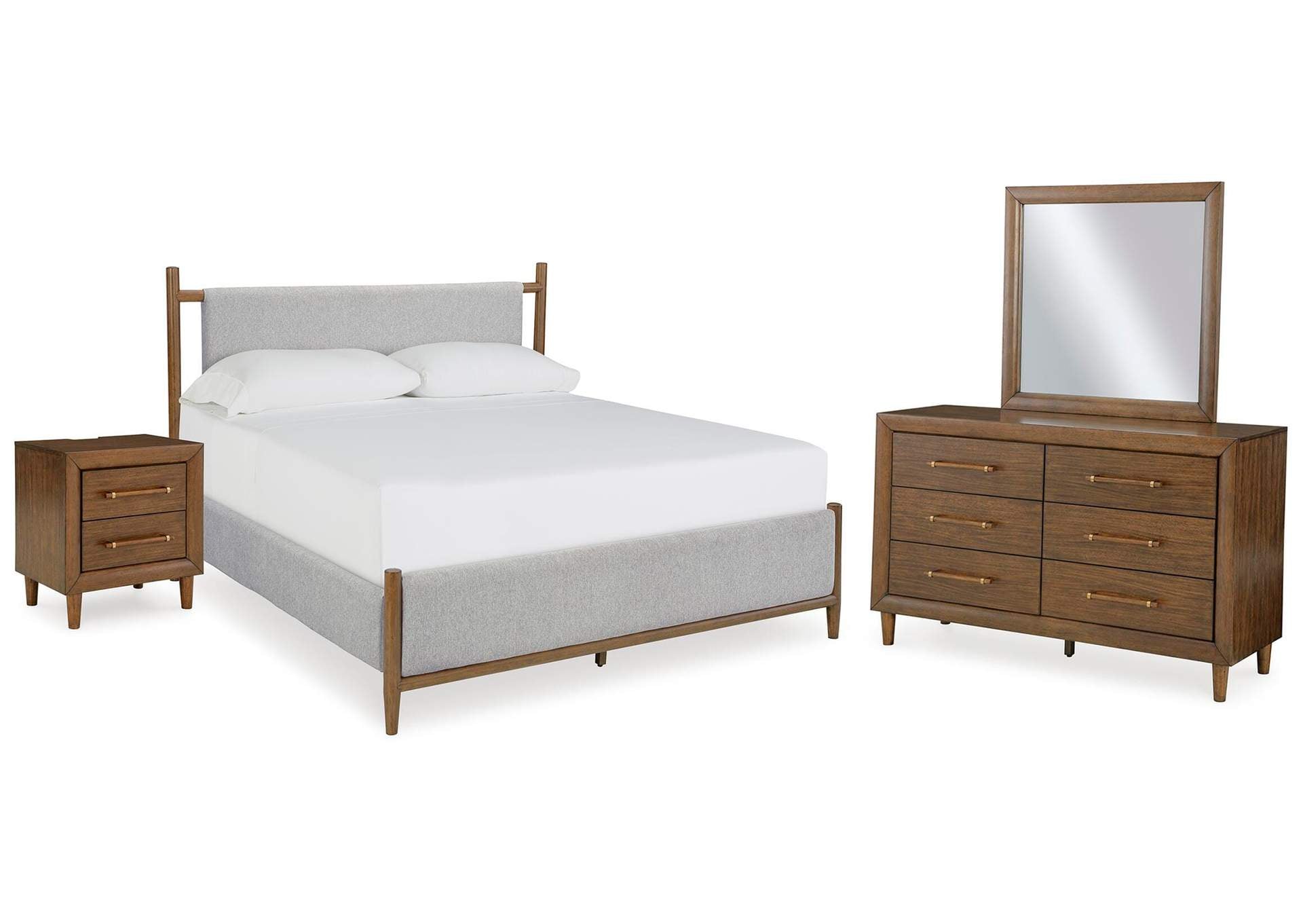 Lyncott Queen Upholstered Bed, Dresser, Mirror and Nightstand