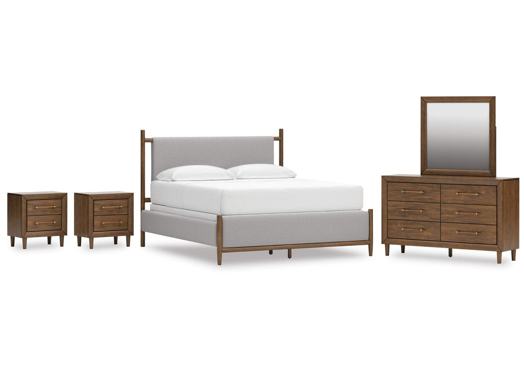 Lyncott California King Upholstered Bed, Dresser, Mirror and 2 Nightstands