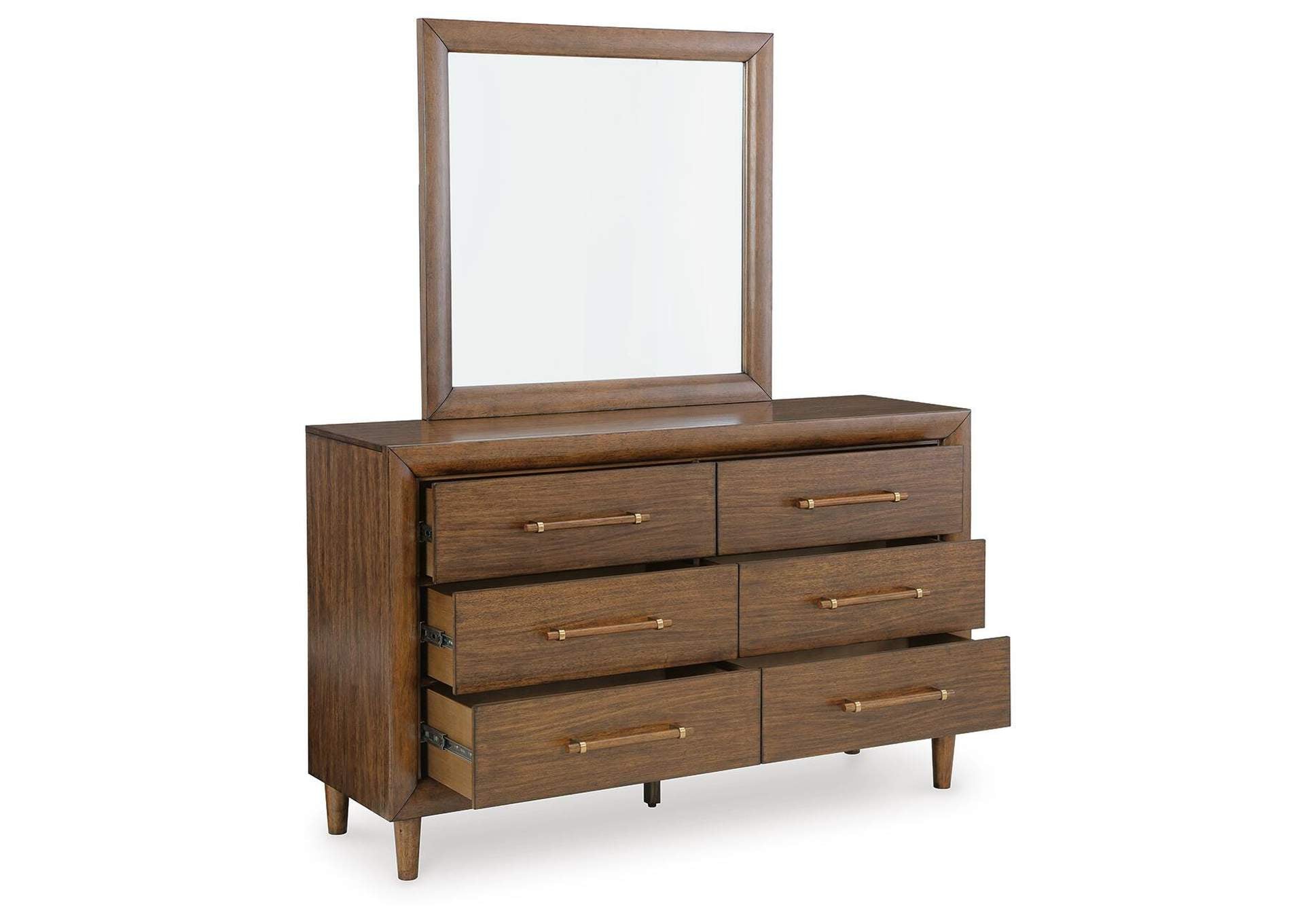 Lyncott California King Upholstered Bed with Mirrored Dresser and Nightstand angled view