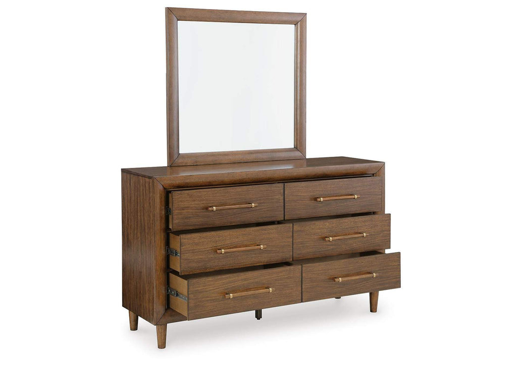 Lyncott Queen Upholstered Bed with Mirrored Dresser and Nightstand angled view