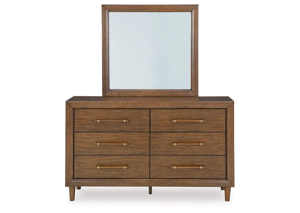Lyncott Queen Upholstered Bed with Mirrored Dresser front view