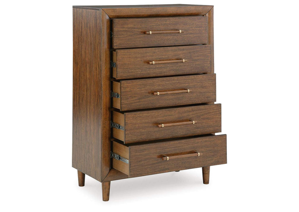 Lyncott King Upholstered Bed, Dresser, Mirror, Chest and Nightstand angled view
